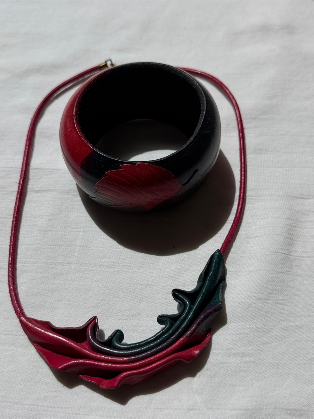 Handcrafted Black and Deep Red Leaf Necklace and Bangle Leather Jewelry Set